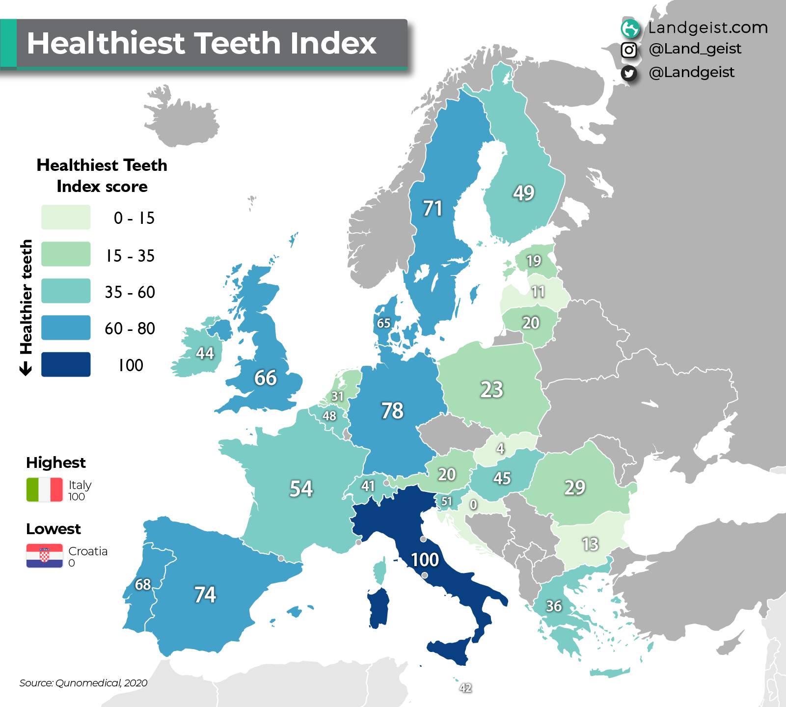 Map showing which countries in Europe have the healthiest teeth.