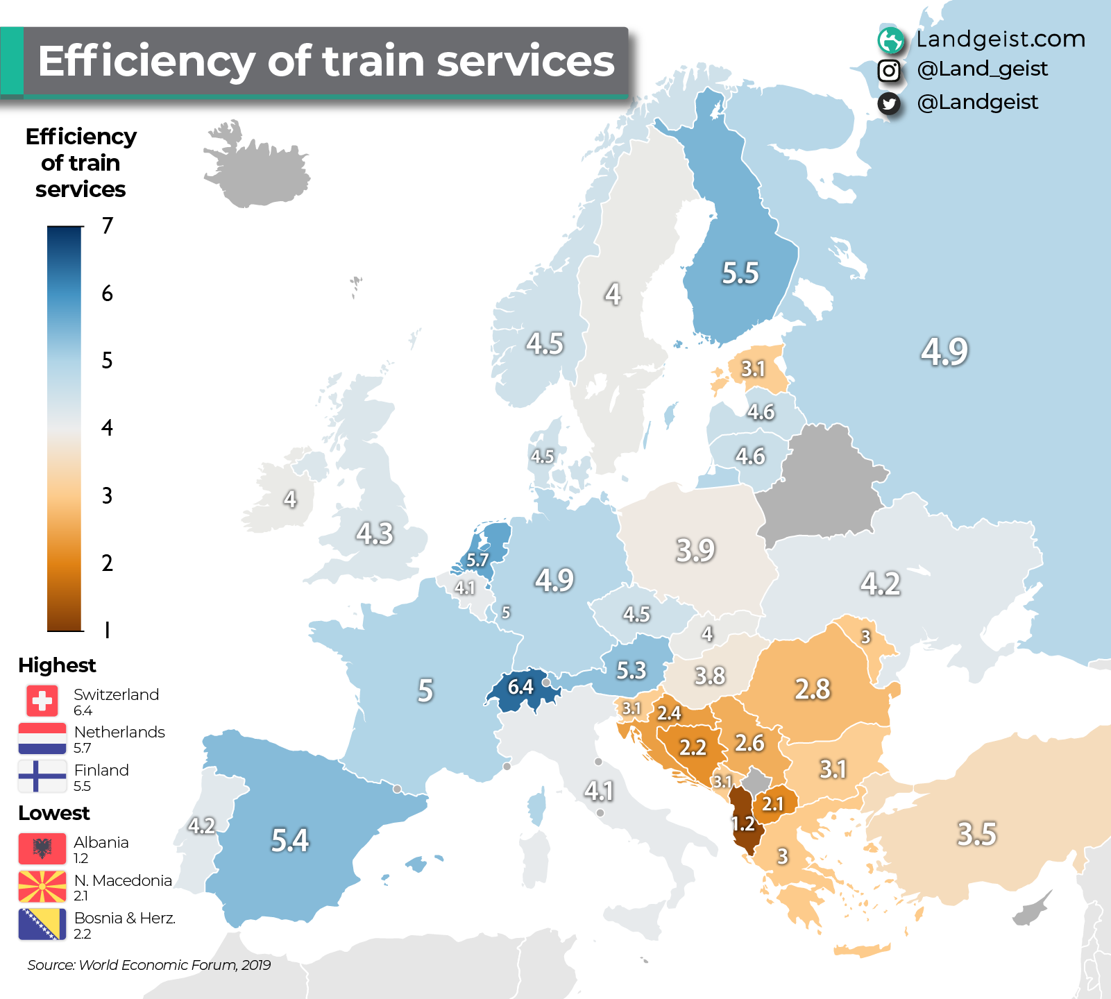 Map of the efficiency of train services in Europe.