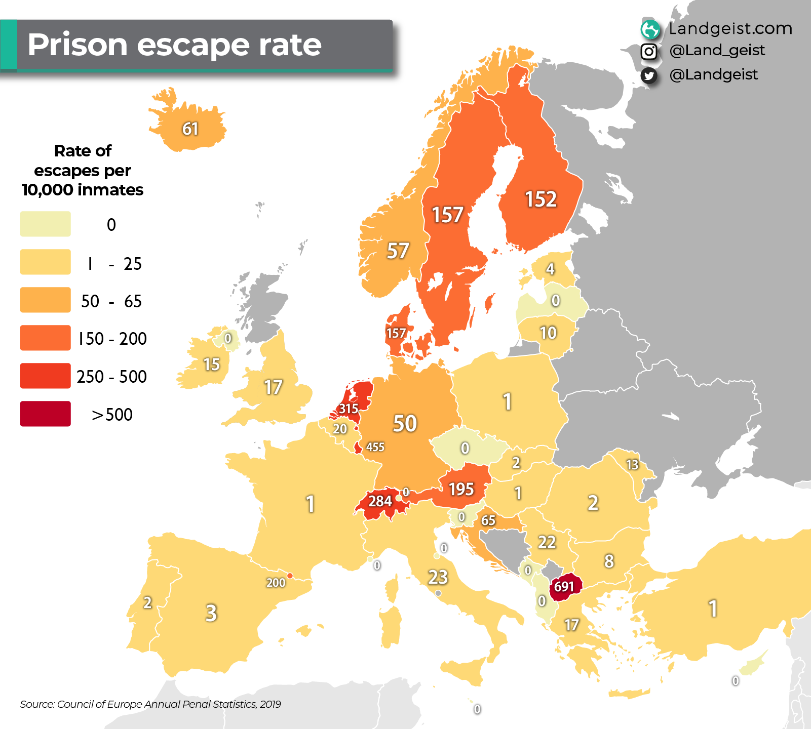 Map of the prison escape rate in Europe.