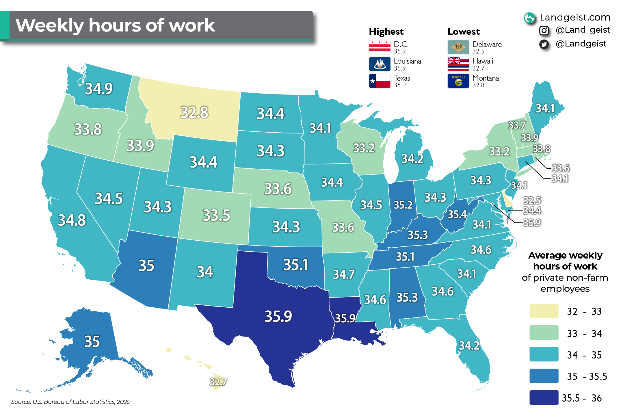 Map of how many hours a week people in the US work.