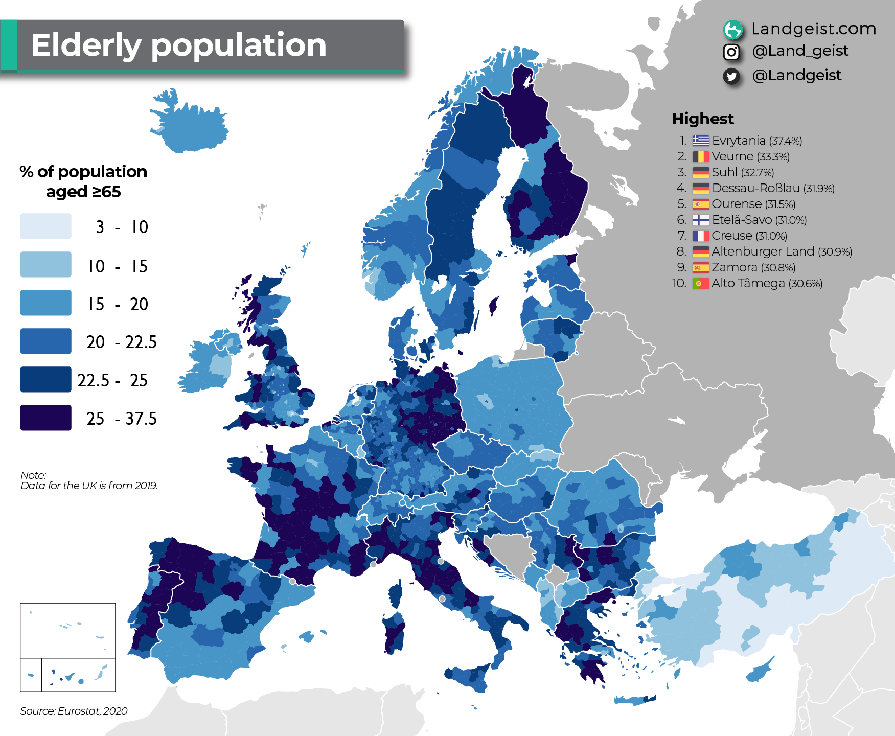 Map of the elderly population in Europe.