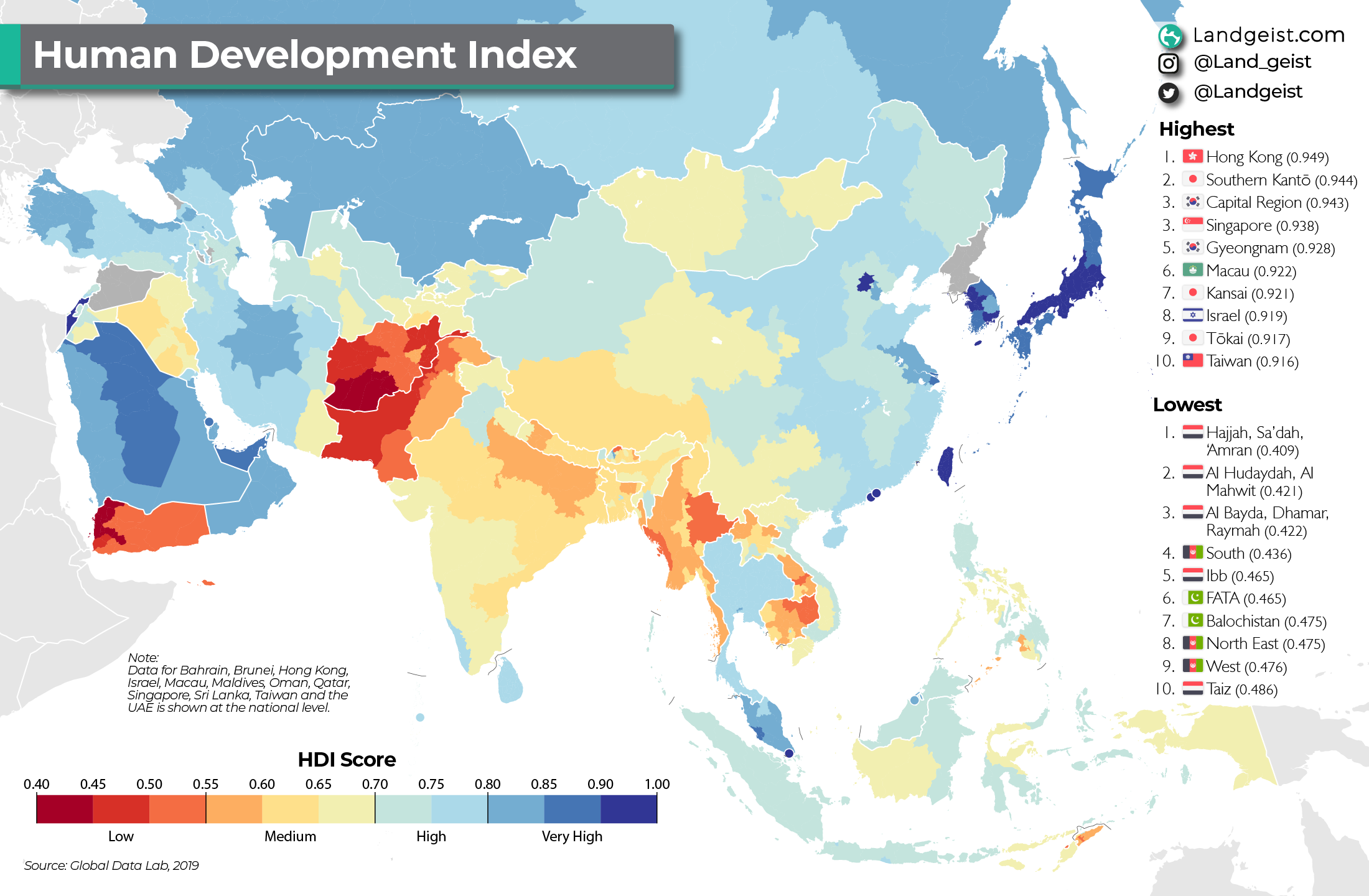 Map of the subregional Human Development Index (HDI) in Asia.