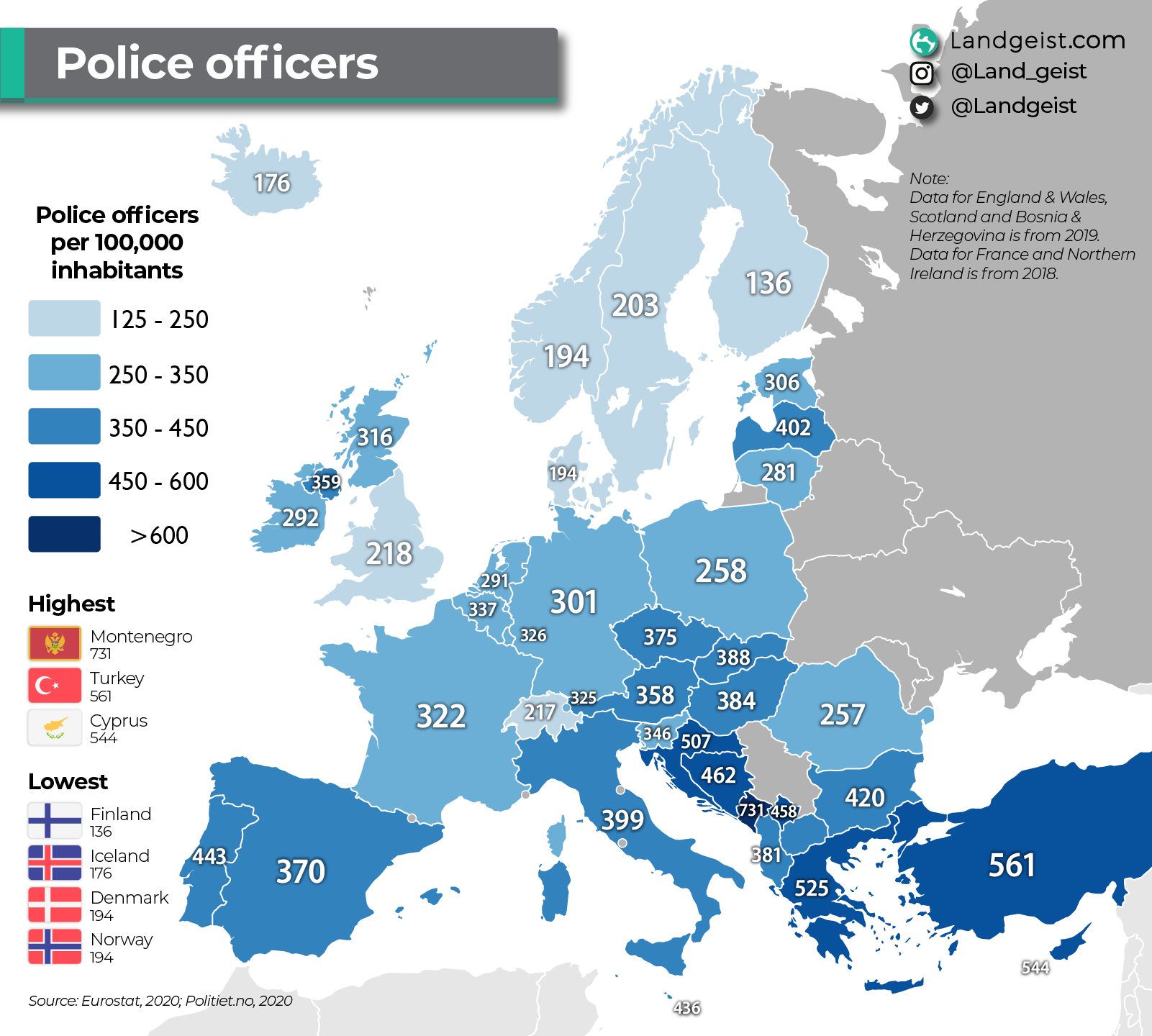 Map of the number of police officers in Europe.