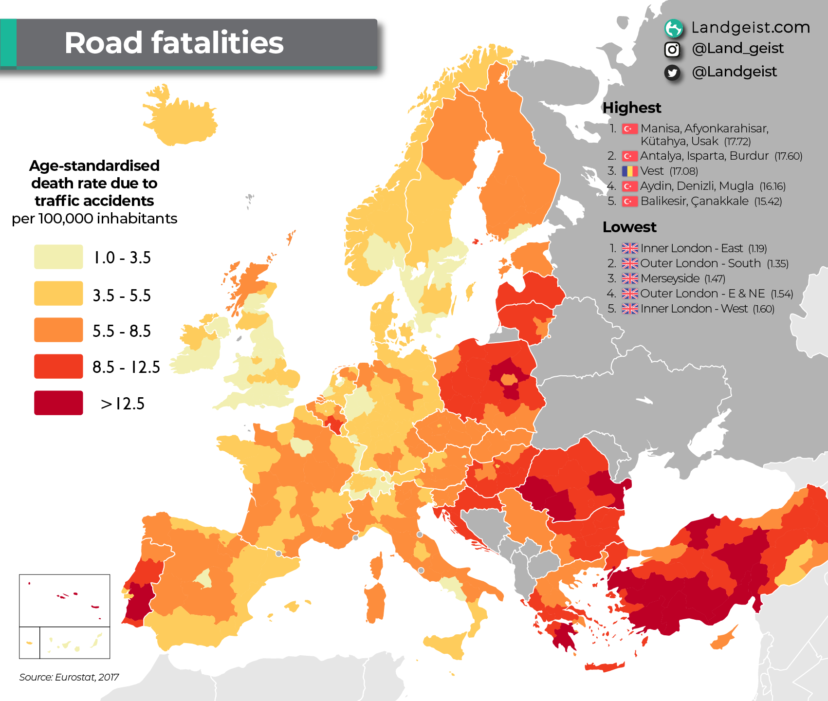 Map of the road fatalities in Europe.