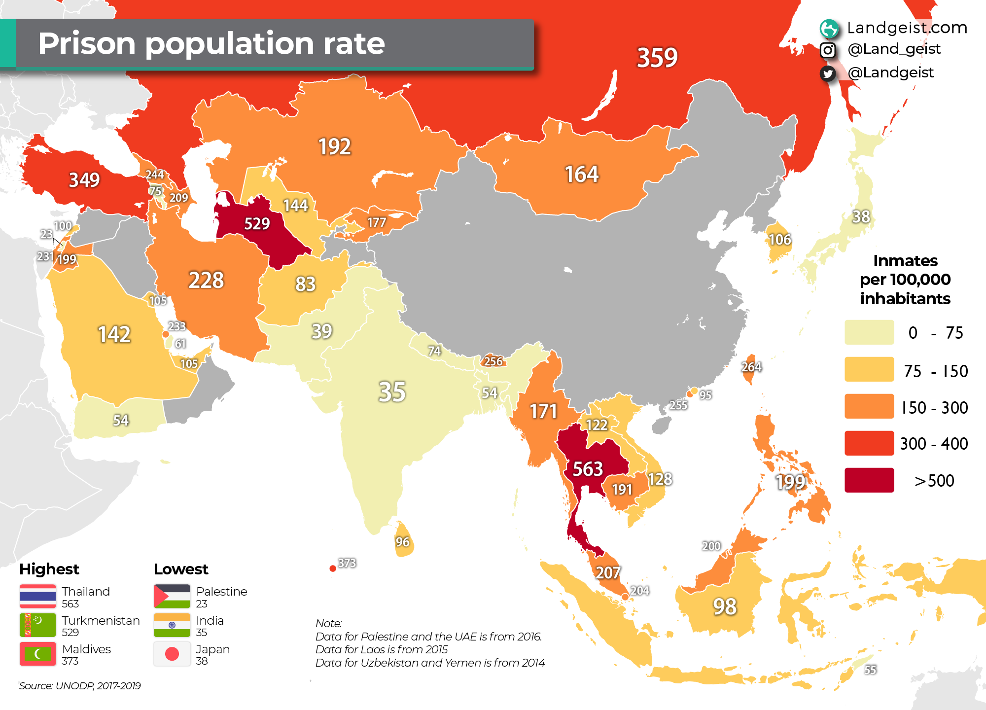 Map of the prison population rate in Asia.