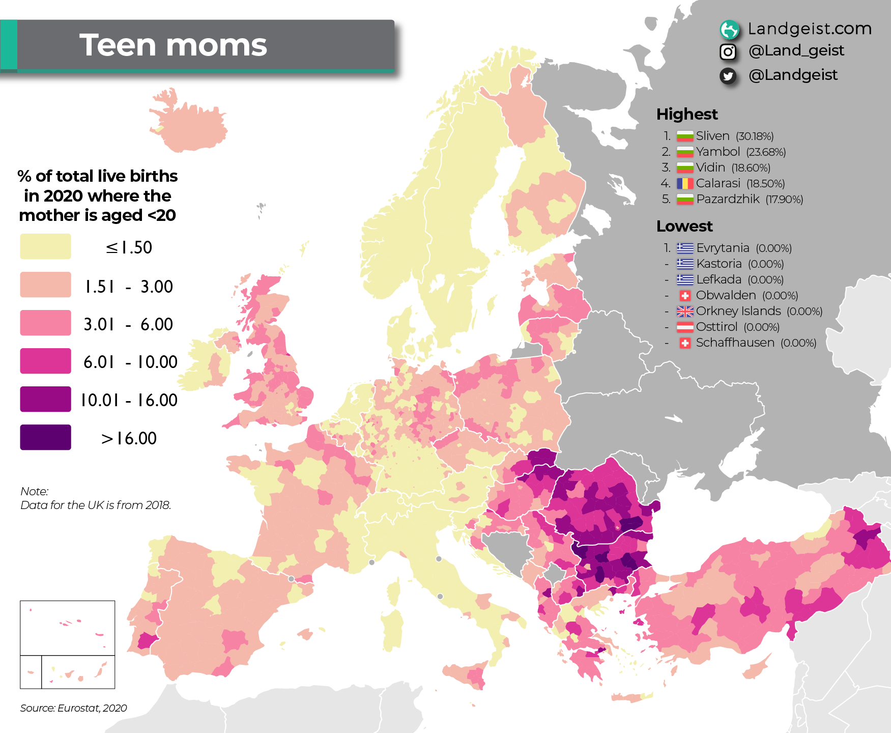 Map of the percentage of teen moms in Europe.